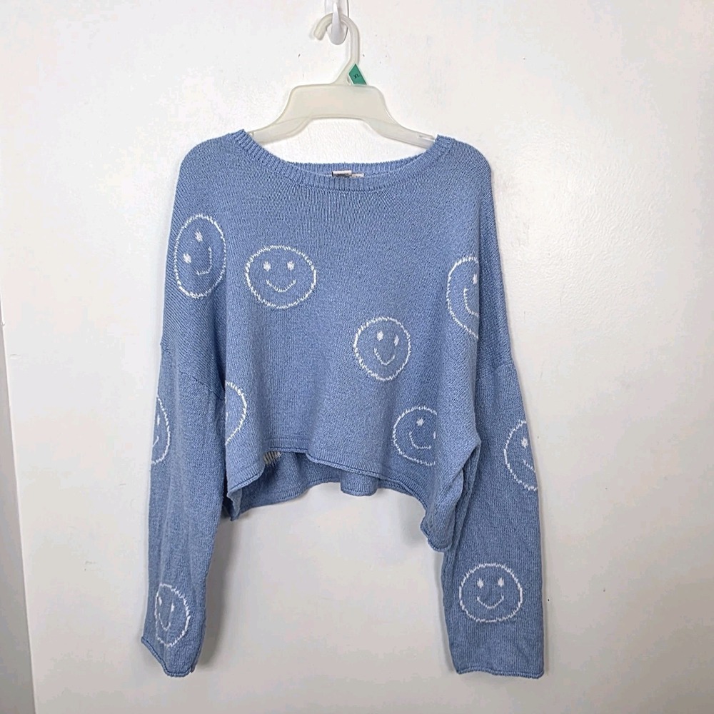 Sincerely Jules Blue White Smiley Face Oversized Baggy Cropped Sweater Size L
